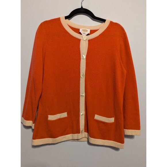 Talbots M Sweater Cardigan Pure Cashmere Coral White Trim Button Down Valentine - Picture 1 of 7